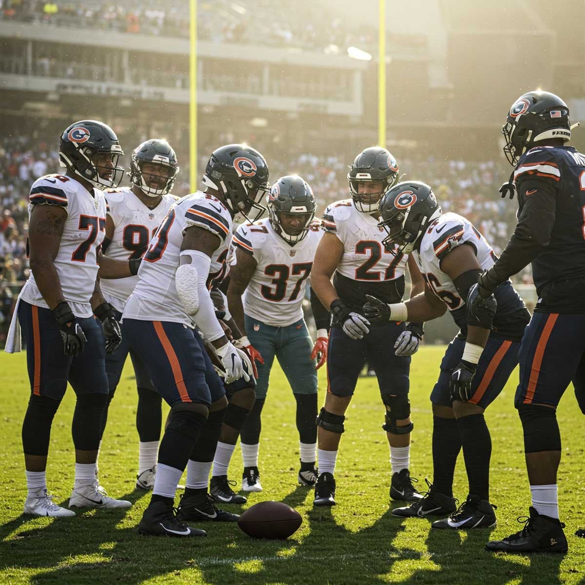 Chicago Bears players huddling on the field before a game